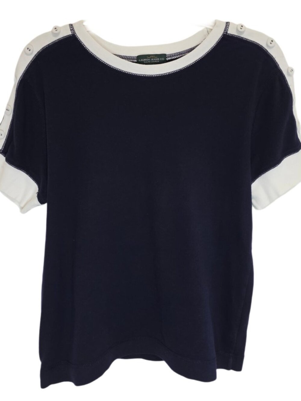 1465 Designer LRL Lauren Jeans Co Navy Short Sleeve Sweater Sz.L Womens
